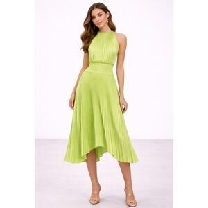 Joie Women’s Neon Highlighter Yellow Pleated Asymmetrical Hem Midi Dress Size M